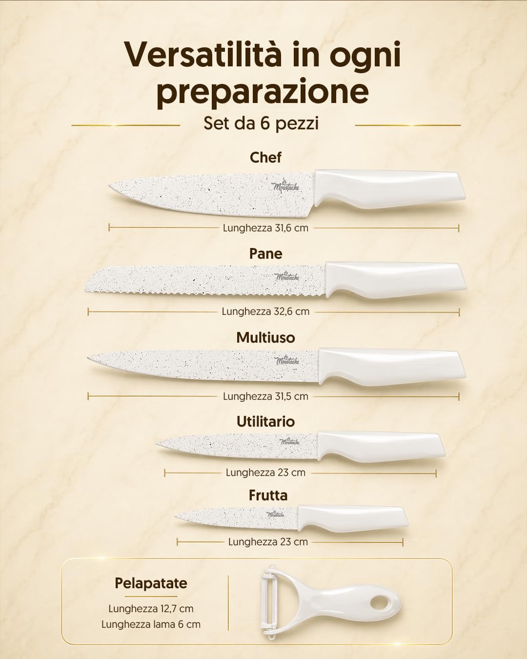 La Moustache - Batteria di Pentole Antiaderente 14 Pezzi con Accessori, Casseruole, Padelle, Coperchi in Vetro e Utensili + Set di 5 Coltelli in Acciaio Inox con Pelapatate, Effetto Marmo (Latte)