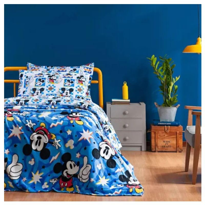 Cobertor Flannel Disney Mickey Mouse, Manta Infantil para Cama Solteiro, Estampa Azul com Estrelas