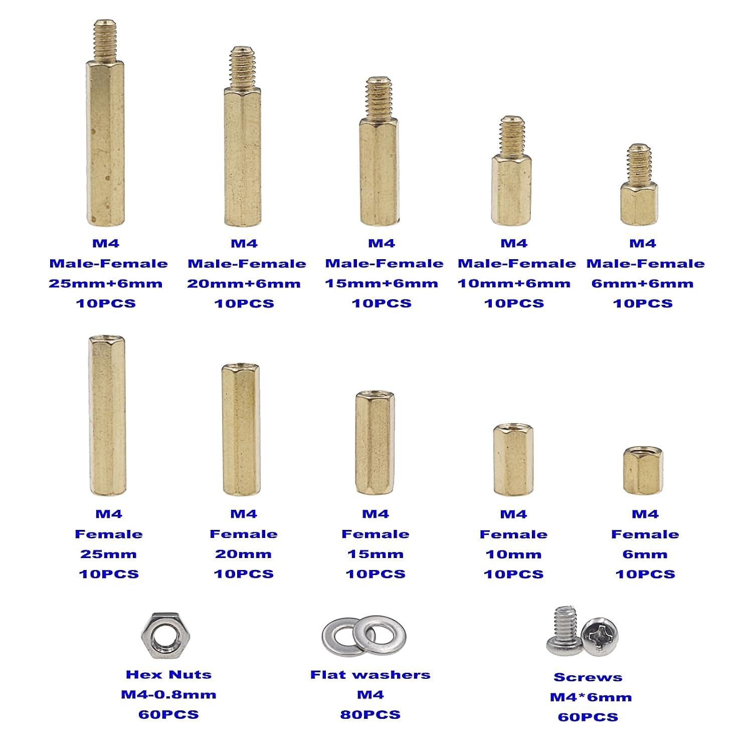 300PCS M4 Brass Male-Female Hex Standoffs Spacers Screws Nuts Flat Washers Assortment Kit;Female Lengths:6mm to 25mm