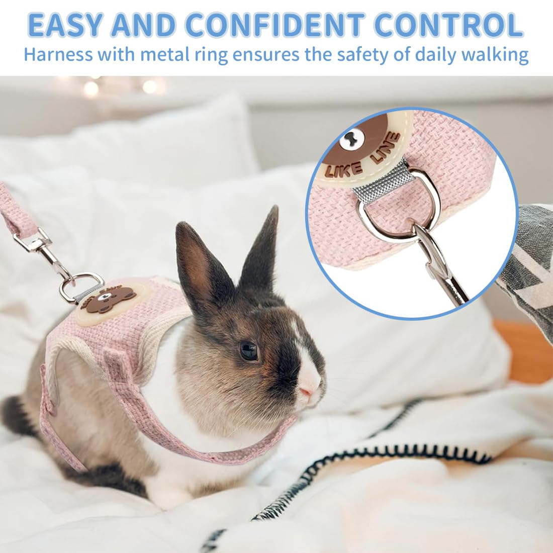 Set de 2 laisses pour Lapin - Harnais réglable pour Lapin avec Laisse - Accessoires Souples pour Chats, Petits Chiens et Autres Animaux de Compagnie - Bleu et Rose