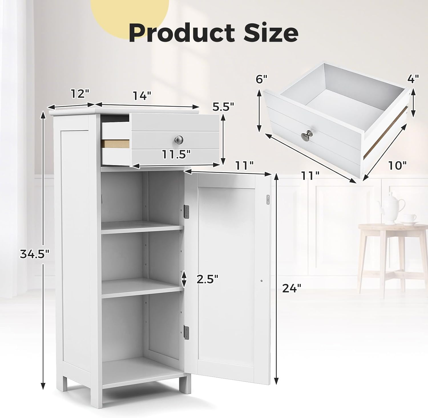 MAT EXPERT Small Bathroom Storage Cabinet, Free-Standing Storage Organizer Unit with Drawer & 3-Level Adjustable Shelves, Anti-Toppling Device, Bathroom Floor Cabinet for Living Room, Entryway (White)