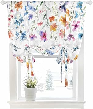 Tie Up Curtains Window Shades, Summer Rustic Watercolor Wild Flowers with Birds Rod Pocket Tie Up Window Shade, Adjustable Balloon Curtain Shade for Blinds Kitchen Bathroom, 1 Panel, 34"x45"