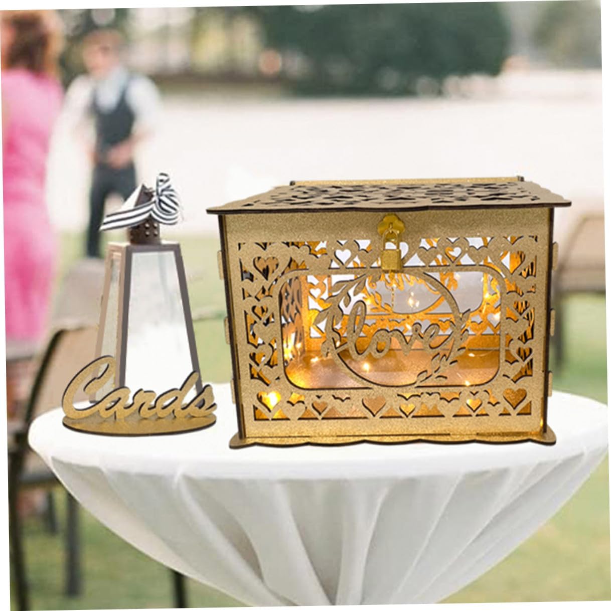Wood Hollow Card Box with Glitter for Wedding Reception, Anniversary, Birthday – Square Wooden Blessing Card Holder without Lock, Decorative Message and Envelope Storage Container