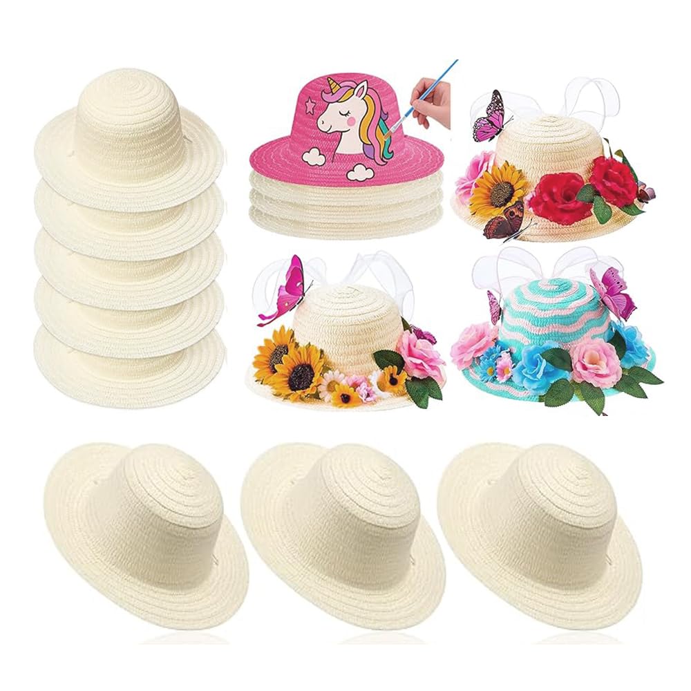 20 Pack DIY-Strohhut für Kinder, Kleiner Strand Sonnenhut Strand, Blanke Graffiti Hüte Set, Handgefertigte Kappen für Männer, Frauen, Kinder, Cowboy-Geburtstagsparty-Dekoration