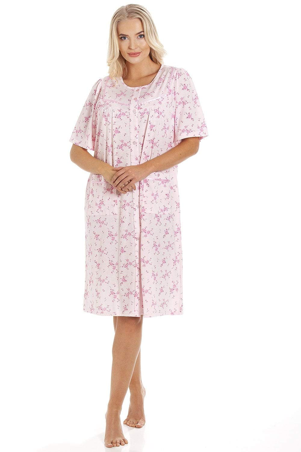 Camille Women's Pink Short Sleeve Button Up Floral Nightdress In | Size: 22/24