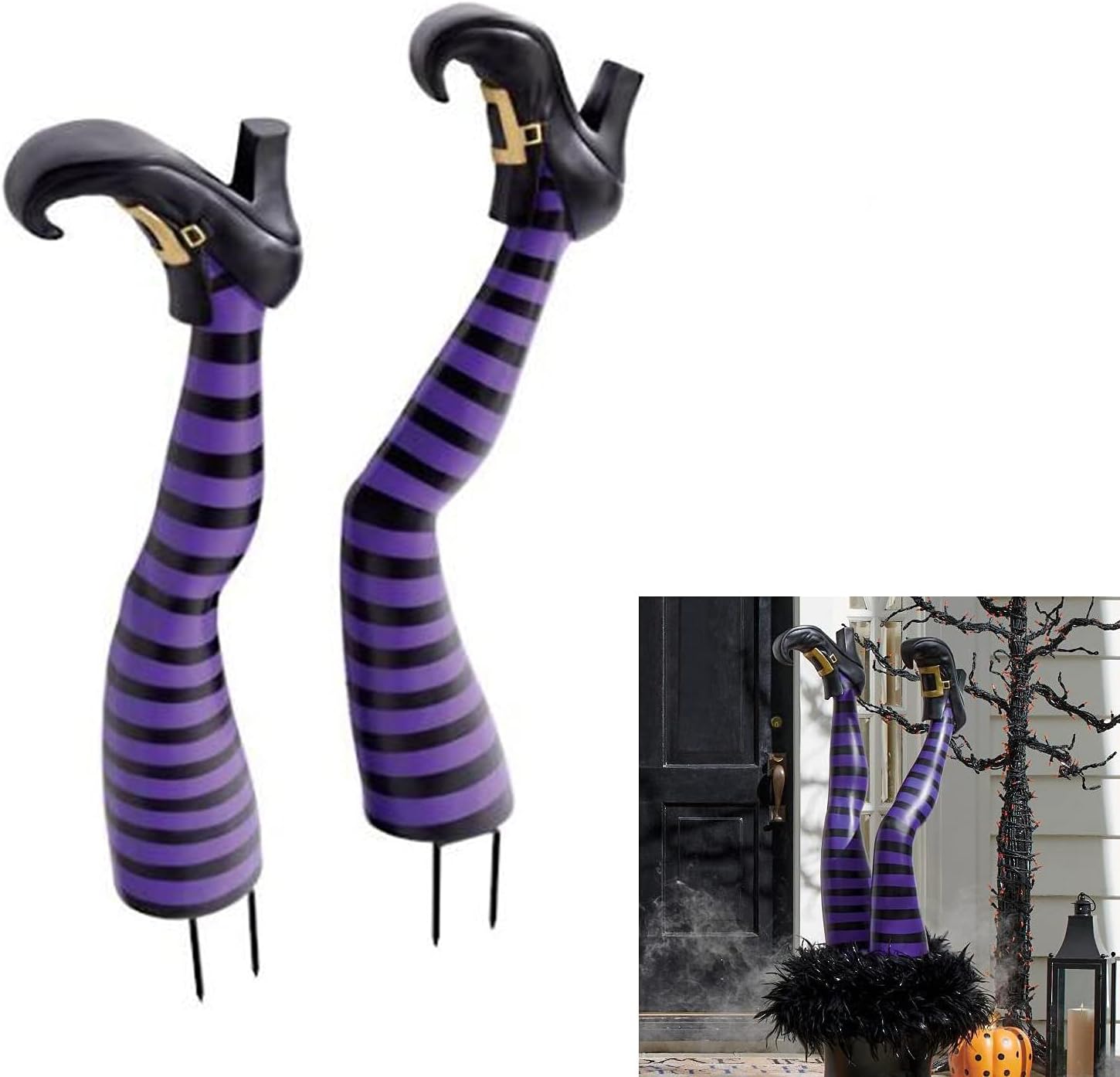 Witch Leg Stakes,16in Wicked Witch Legs, Witches Feet Fake Legs Prop, Stripe Leg Ornaments, Prosthetic Leg Halloween Yard Decor for Outdoor and Indoor Prank Tricks Decoration, Scary Garden (Purple)
