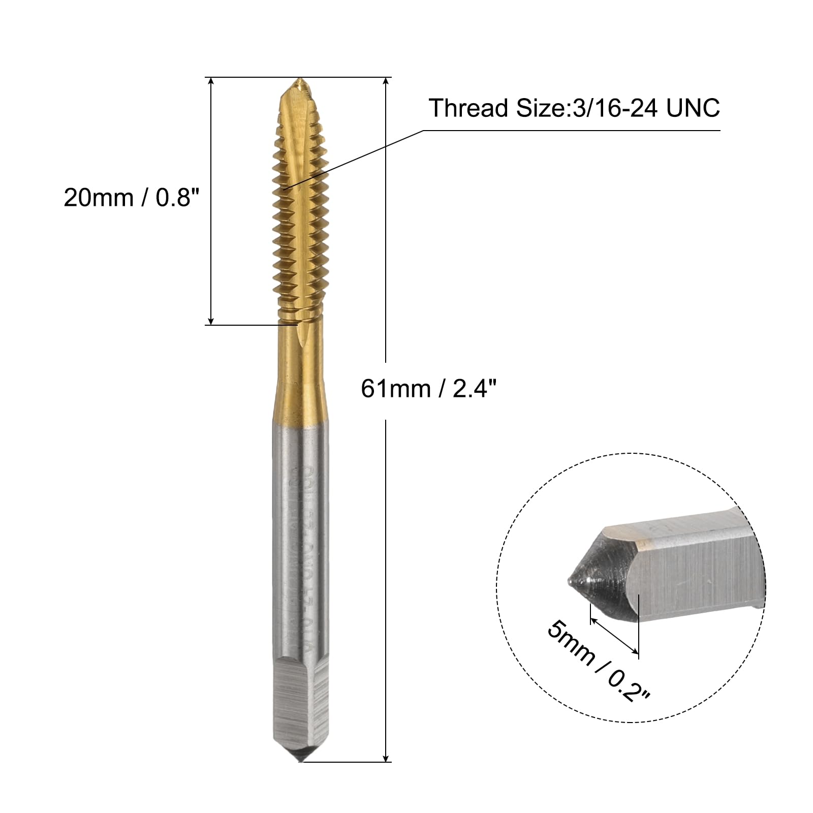 QUARKZMAN 3/16-24 Unc B2 Punta a Spirale per Filettatura, Maschio per Filettatura Attrezzo Maschiatura, Acciaio Alta Velocità Rivestito Titanio 6542 Punte per Maschiatura Macchina