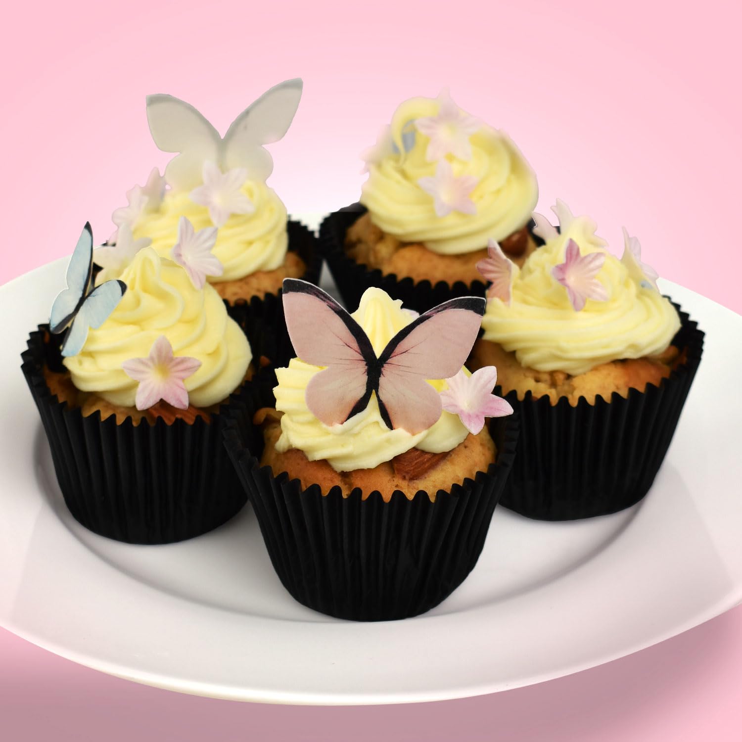 Set de Decoraciones Comestibles para Tartas y Cupcakes - Obleas Sin Gluten, Azúcar ni Lactosa - 39 Piezas - Flores Rosas, Hojas Verdes y Mariposas