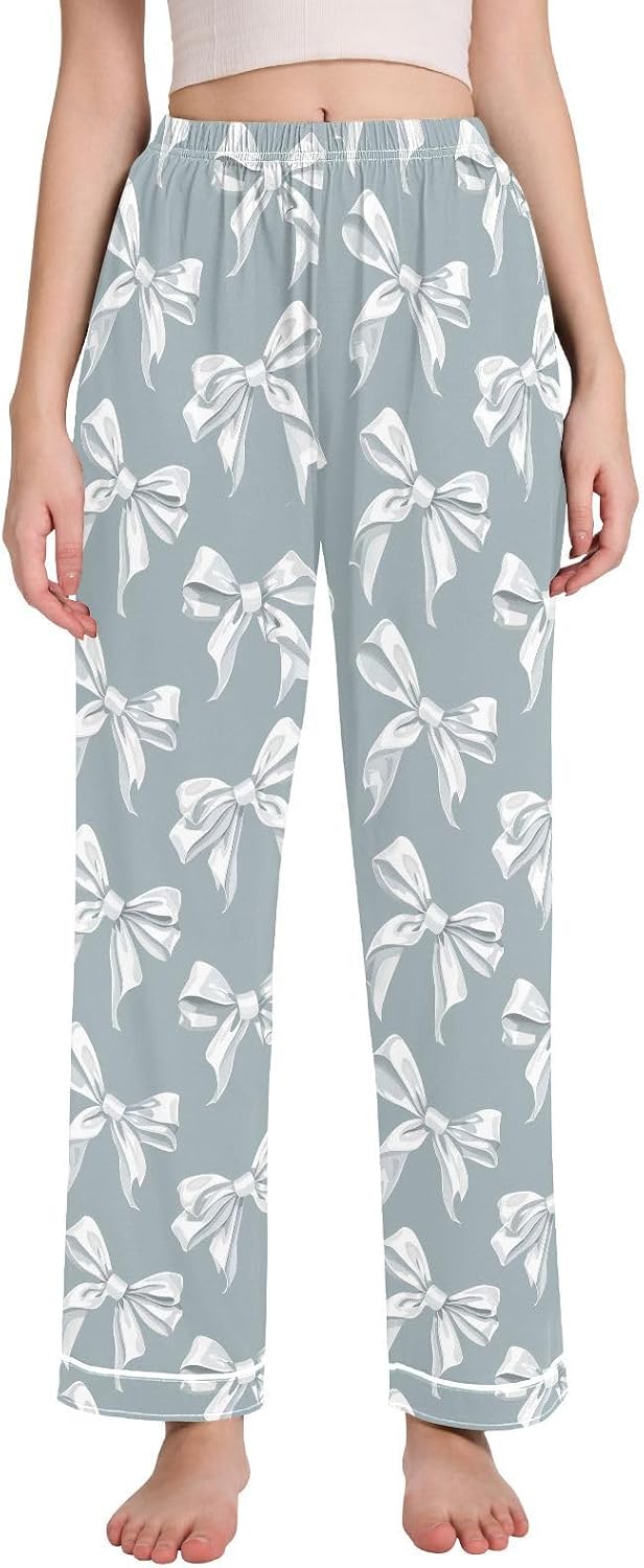Pajama Pants Women White Bow Soft Sleep Lounge Pj Bottoms with Pocket S-XXL