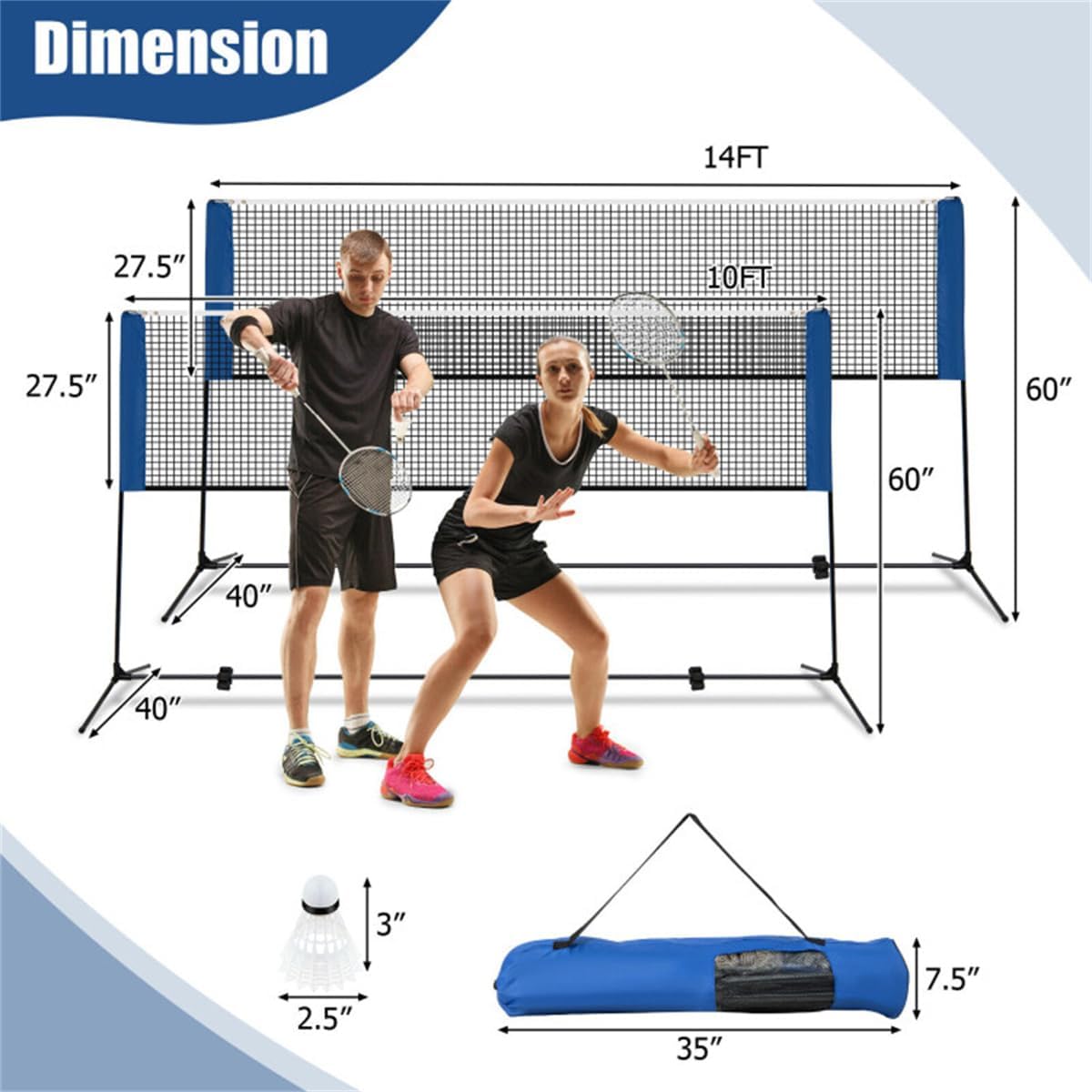 14ft Multi-Sport Net Set - Adjustable Height (33.5"-61"), Badminton/Volleyball/Pickleball/Tennis Use