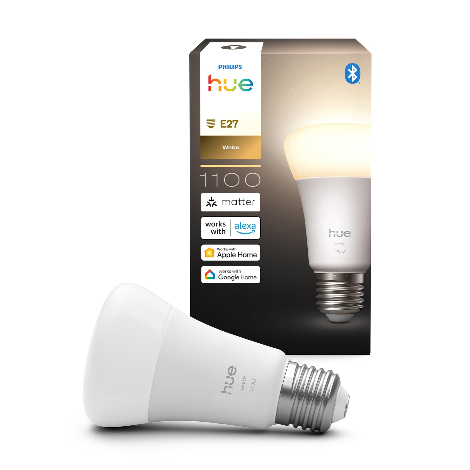 Philips Hue Philips Hue Smart LED A60 Bulb, Warm White Light 2700K, E27 Base, 9.5W, 1100 Lumens, Dimmable, Works with Alexa, Google Assistant, and Apple Home, 1 Pack