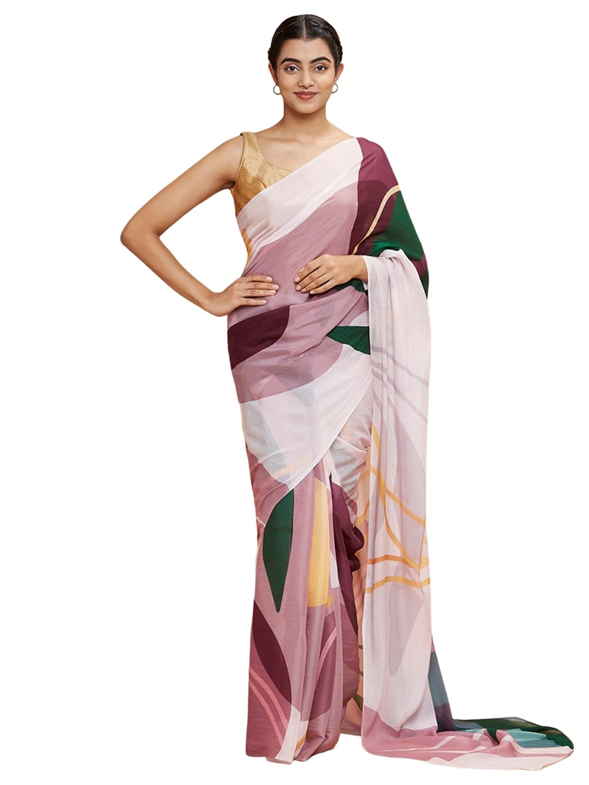 Satrani Women's Chiffon Crepe Printed Saree With Unstitched Blouse Piece (3814S324N_White & Multi4)