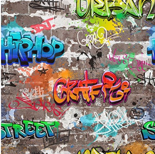Fine Decor – Papier peint épais motif brique avec graffiti urbain multicolore