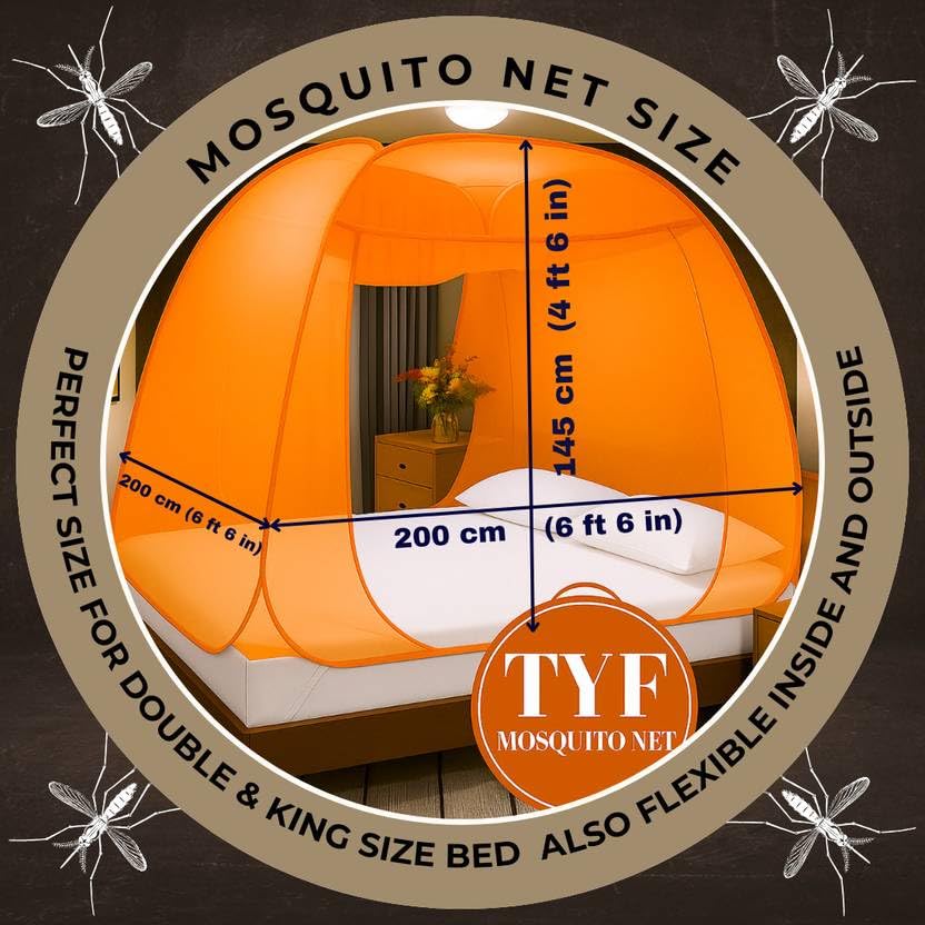 Image of TYF Mosquito Net for Bed Made with Polyester Material | Foldable Mesh Design | Lightweight and Portable Structure | Easy to Use, Orange (6.15 Feet X 6.15 Feet) Double Bed