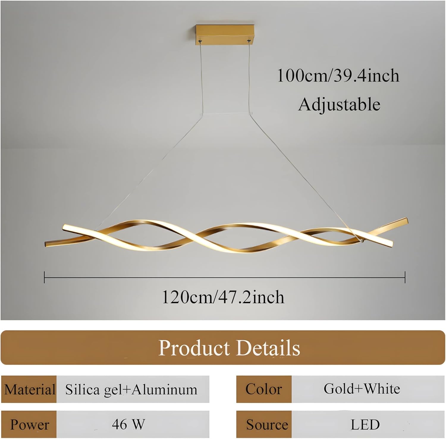 Wave Shape Modern LED Chandelier, 46W Dimmable Pedant Light Fixtures with Remote Control, Aluminum+Silica Gel Gold Pendant Lighting for Kitchen Island Dining Room Living Room Bedroom Hallway Cofe
