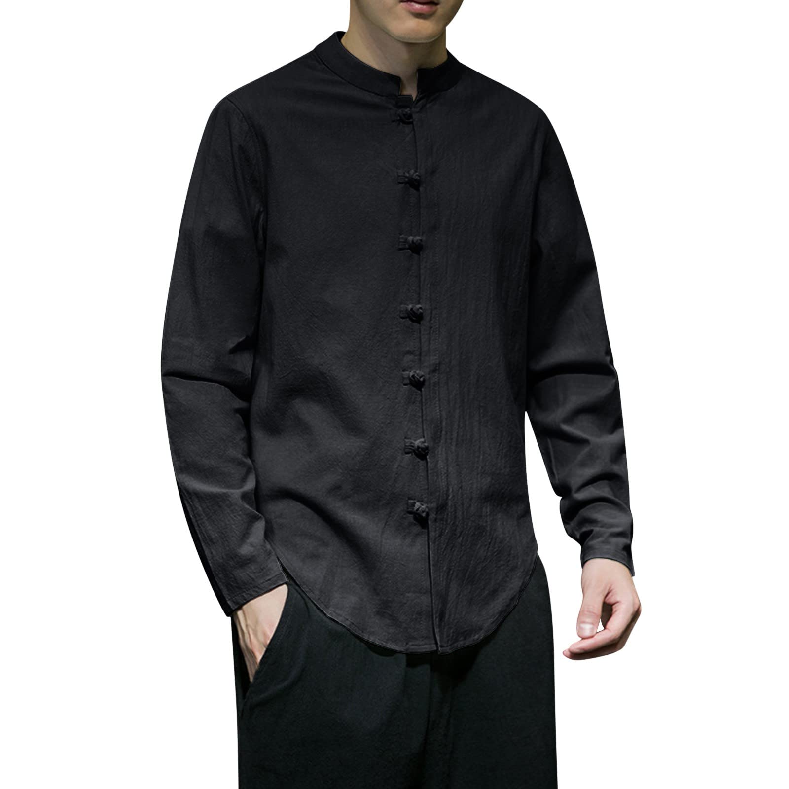 Generic Camisa de lino chino para hombre, cuello vuelto, camiseta de manga larga, estilo medieval, retro, relajada, informal, camisa Henley, manga larga, informal, playera, camiseta, camisetas