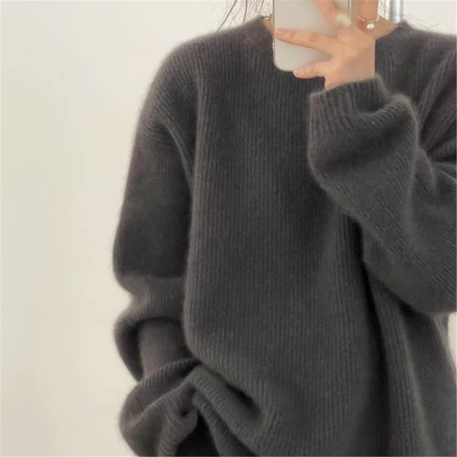 Otoño e invierno cuello redondo suéter de cachemira mujeres engrosado estilo perezoso gris oscuro suéter de punto suelto, Morado (, M