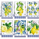 Geyoga 6 Pieces Blue and White Lemon Kitchen Towels Set Absorbent Dish Towels Decorative Tea Washcloth for Spring Summer Kitchen Bathroom Home Decor, 16 x 24 Inch (Blue, White)