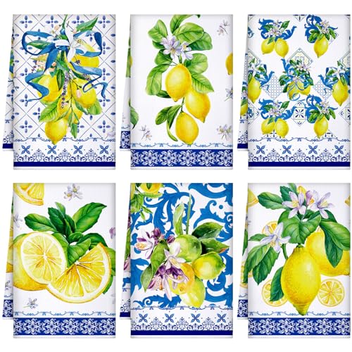 Geyoga 6 Pieces Blue and White Lemon Kitchen Towels Set Absorbent Dish Towels Decorative Tea Washcloth for Spring Summer Kitchen Bathroom Home Decor, 16 x 24 Inch (Blue, White)