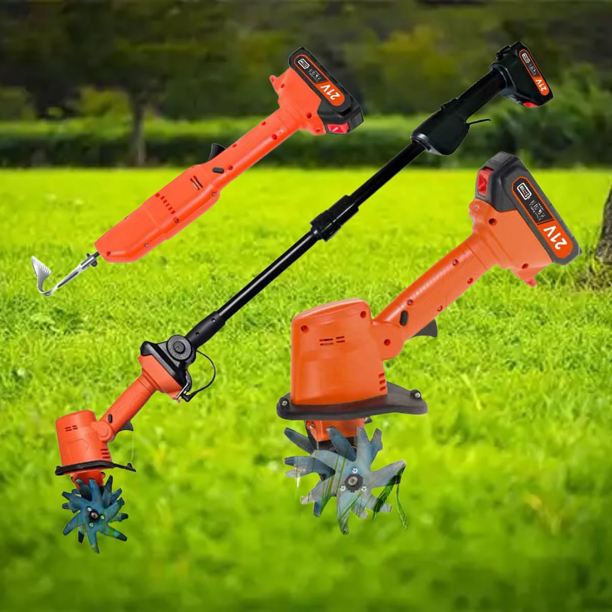 Motobineuse Électrique sans Fil 21V,Portable Motoculteur,235 RPM,Manche Amovible,Largeur/Profondeur de Travail 10/10 cm,avec Batterie et Charge,pour Le Jardin,Le Champ de légumes,la Serre,Le verger(2