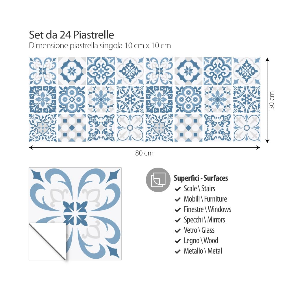 RE-COVERTILES - Adesivi per Piastrelle Bagno e Cucina 24 Pz 10x10 cm - PS00104 Decorazione murale in PVC Impermeabile mattonelle Mosaico Stile cementine Azulejos