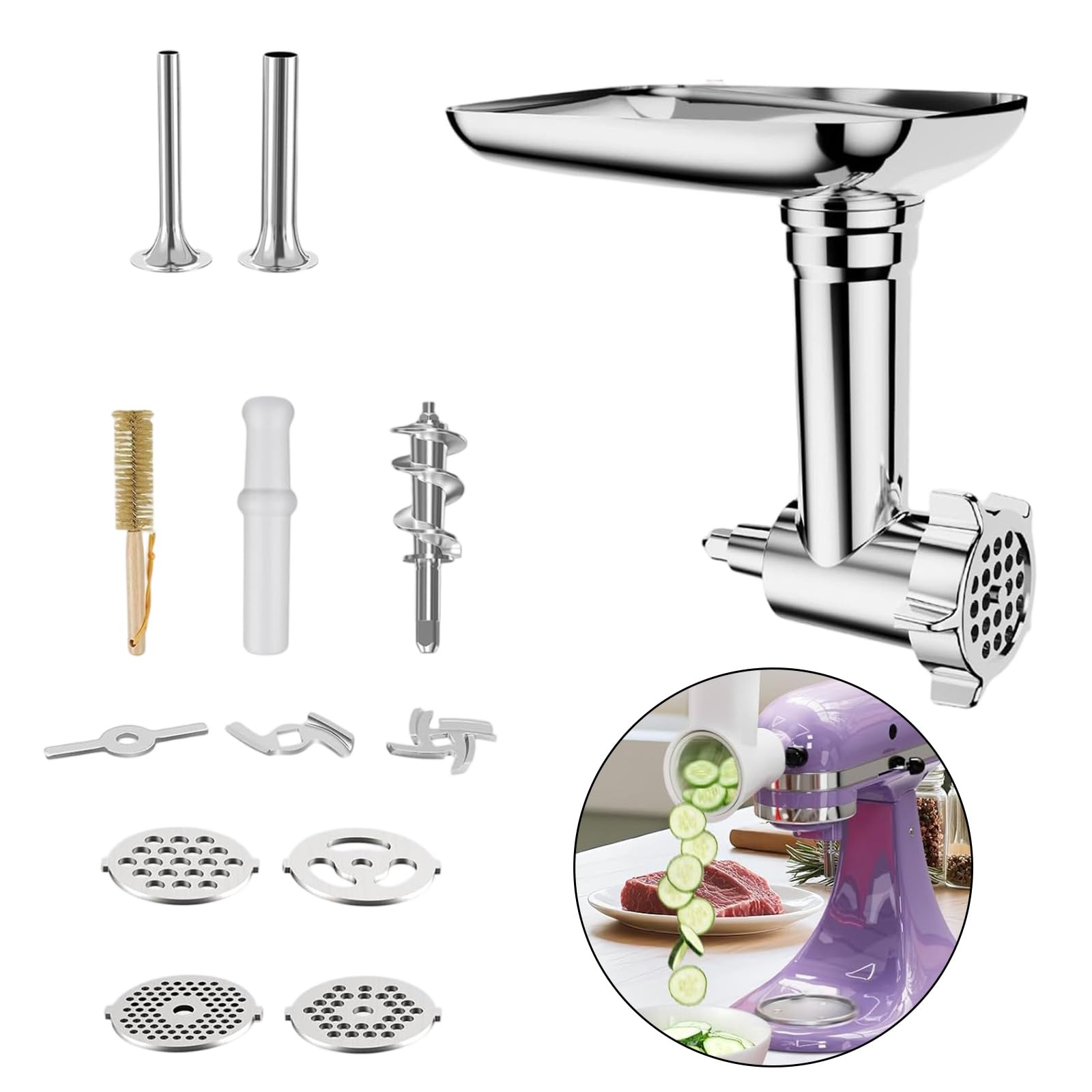 Accessori da cucina per robot da cucina, set accessori per salsiccia e tritatutto in acciaio inox, 21, con piastre macinazione, dischi da taglio e vassoio alimentazione,