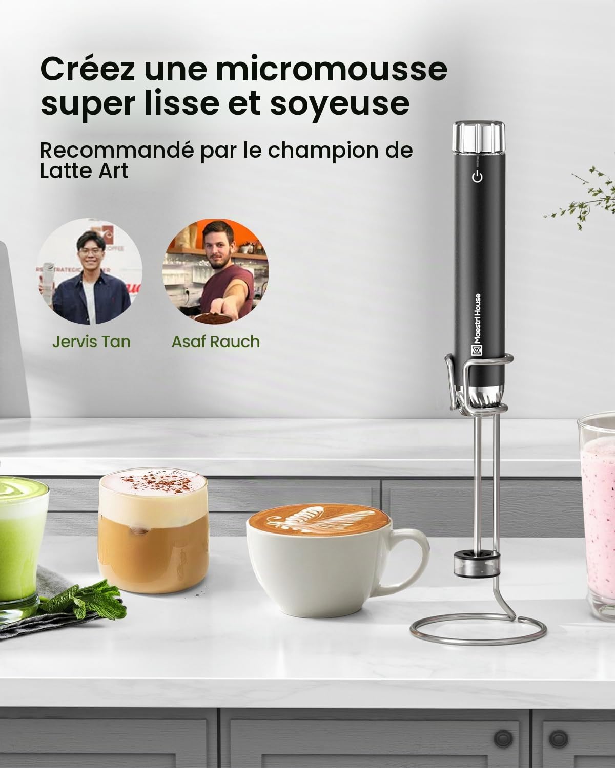 Maestri House Mousseur à lait de qualité barista, Mousseur Lait Rechargeable avec Contrôle de Vitesse Continu, Étanche IPX6, pour la Micro-Mousse et le Latte Art (Latte, Flat White)