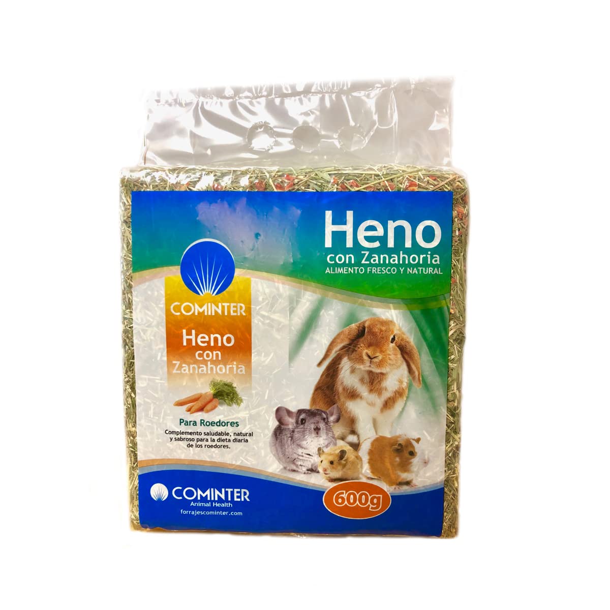 Cominter Animal Health Heno con Zanahorias Natural Timothy para Conejos, EOS, Hamsters, Cobayas y Roedores (600g), Comida para Conejos con Fibra para el Desgaste Dental del Roedor