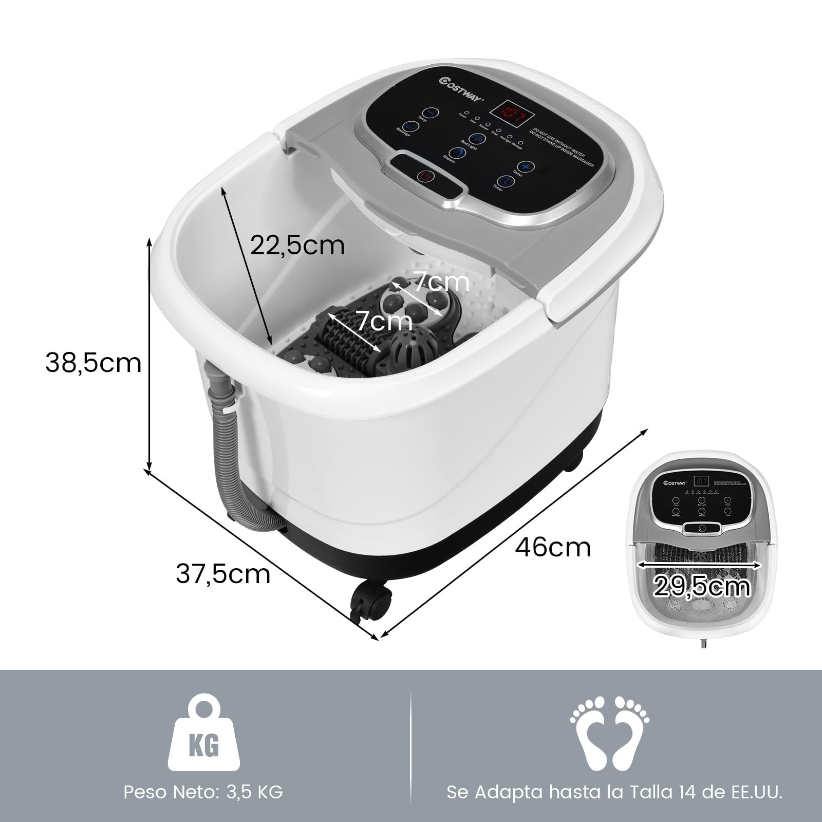 RELAX4LIFE Bañera de Pies Hidromasaje con Ruedas Universales y Bloqueables y Placa de Masaje Extraíble, Baño de Masaje Eléctrico con Temporizador 10-60 min y Temperatura Ajustable 35-48° (Gris)