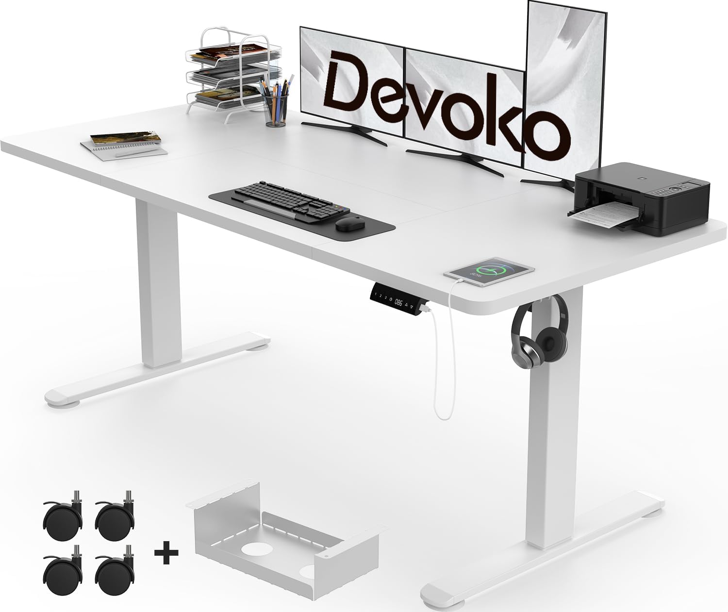 Devoko Electric Standing Desk 160x80cm with USB Charging Height Adjustable Desk with Desktop Sit Stand Up Desk Heavy Duty Steel 4 Memory Smart Pannel(White)