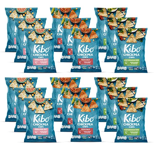 Kibo Chickpea Chips - High Protein/Fiber, Plant-Based, Cert. Gluten Free, Non-Gmo, Vegan, Kosher, 3 Flavor Variety Pack, 1Oz 18 Pk #TOP7