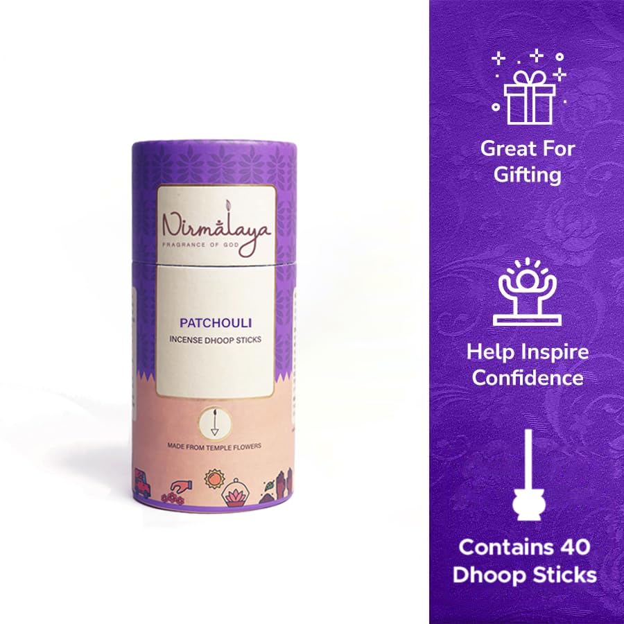 Image of Nirmalaya Premium Incense Combo Pack | 100% Natural Organic | 40 Incense Sticks, 40 Incense Cones, 40 Dhoop Sticks | for Pooja, Meditation & Yoga (Patchouli) Free Stand Inside