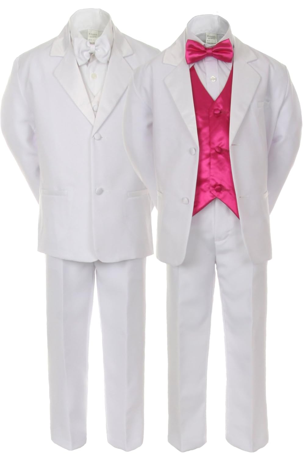 7pc Boy White Suit Tuxedo with Satin Fuchsia Pink Bow Tie Vest Set (S-20) (7)
