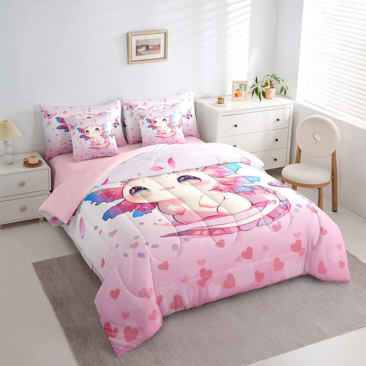 Kids Cute Axolotl 7 Pcs Bedding Set Twin Size,Pink Cherry Blossoms Bed in a Bag,Flying Butterflies Bed Set Includes Comforter,Sheet Set,Pillowcases & Pillow Covers,Cartoon Ocean Animal Bedroom Decor