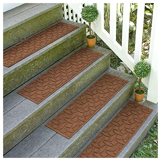 Bungalow Flooring Waterhog Stair Treads, Set of 4, 8-1/2 x 30 inches, Made in USA, Durable and Decorative Floor Covering, Indoor/Outdoor, Water-Trapping, Ellipse Collection, Dark Brown