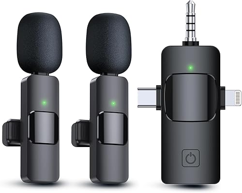 PQRQP Micrófonos Lavalier inalámbricos 3 en 1 para iPhone, iPad, Android, cámara, micrófono USB-C, batería de 7 horas, mini micrófono con reducción