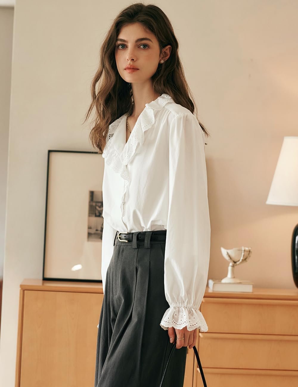 Women's White Eyelet Lace Ruffle V-Neck Blouse, Bohemian Style Long Sleeve Button Closure Elastic Cuff Shirt Top - Image 3