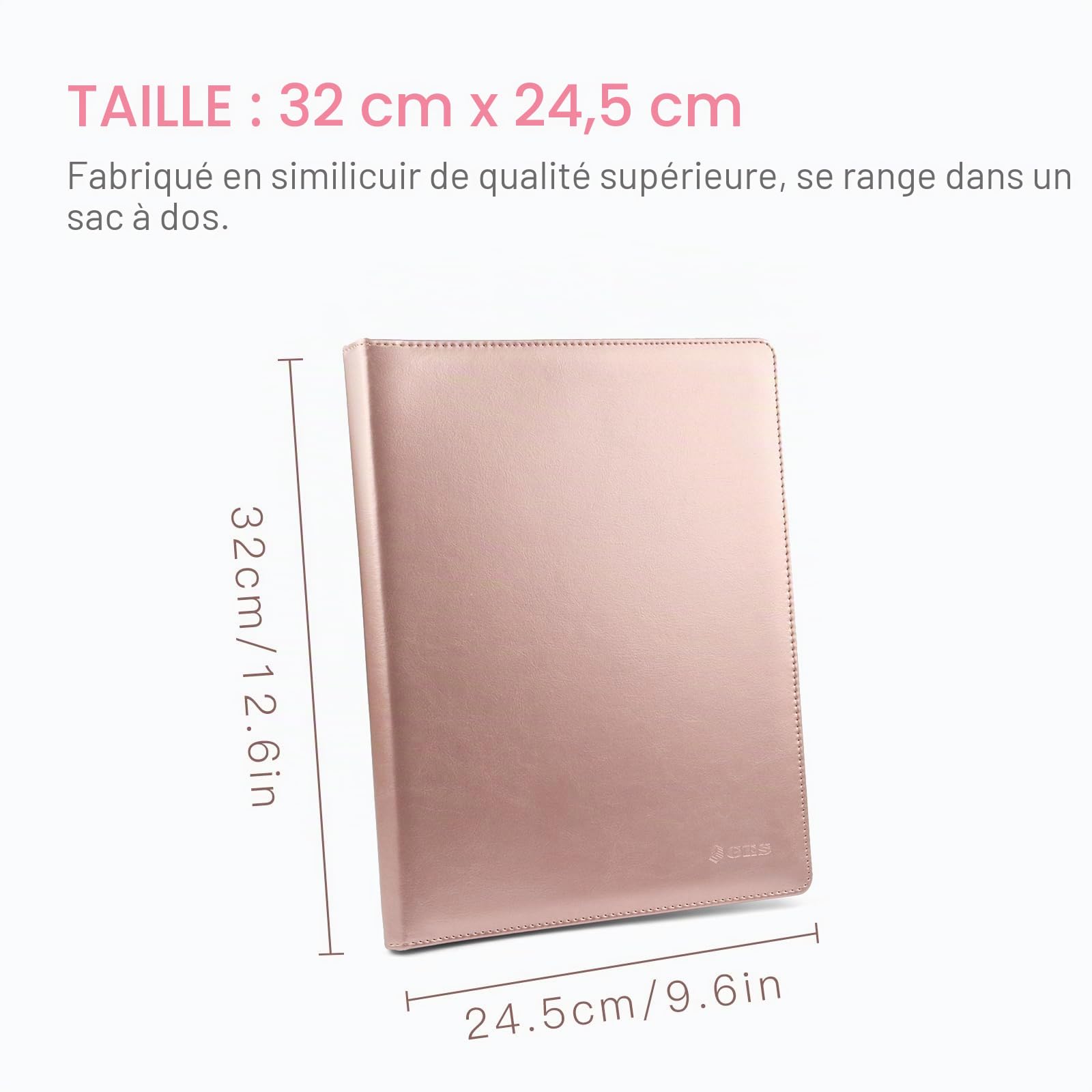 Porte-documents GES A4 en cuir avec pince-notes pour CV entreprise école bureau conférence (Or rose)