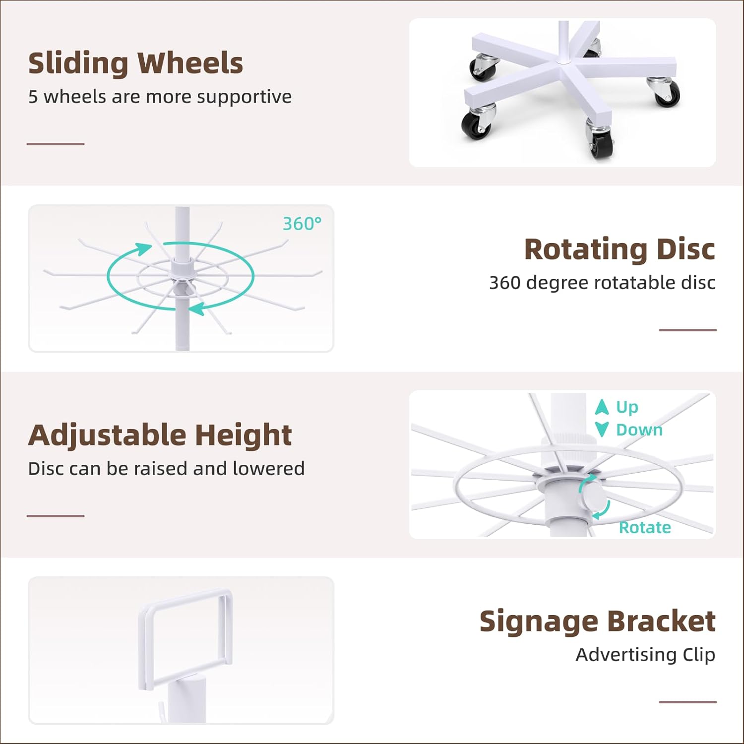 Upgraded Retail Display Stand 7 Tier Spinning Display Stand, Movable Shop Spinner Rack with Hooks, Retail Display Racks for Jewelry Keyring Hats Socks Toys (White) - Image 3