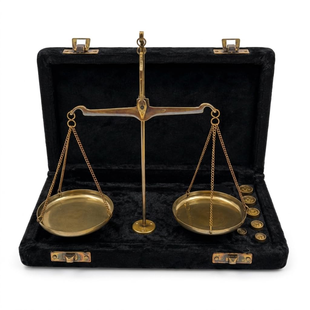 Brass Miniature Tarazu Balance Scale with Weights | Vintage Apothecary Weight Machine | Brass & Wood Decorative Justice Scale Handcrafted Home Decor Gift | 20gm Capacity, 5x3x10 Inch