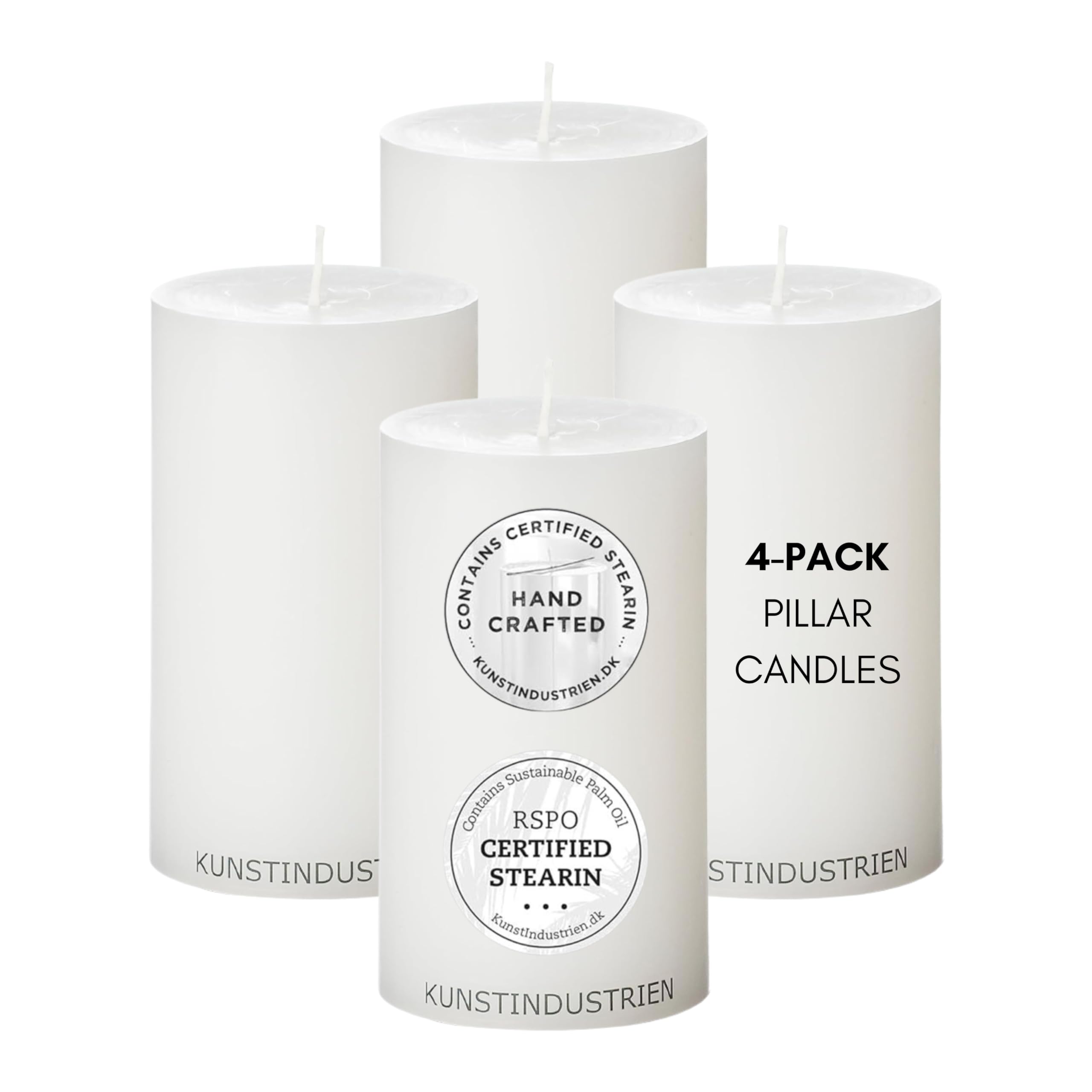 Kunstindustrien® Pillar Candles, Handmade, RSPO Certified, Dripless & Smokeless Church Candles, White Candles Long Burning 70 Hours per Candle, Unscented Candle Gift Set, 4 pcs. 7 x 12cm (White)