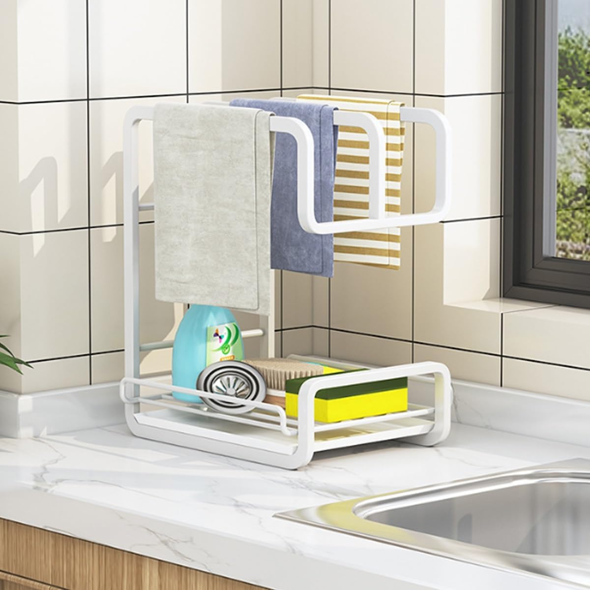 Sponge Holder with Drain Pan - Kitchen Sink Organizer for Drying Rags, Cloths, Brushes, and Scrubbers, Efficient Draining Rack for Clean Kitchen Storage