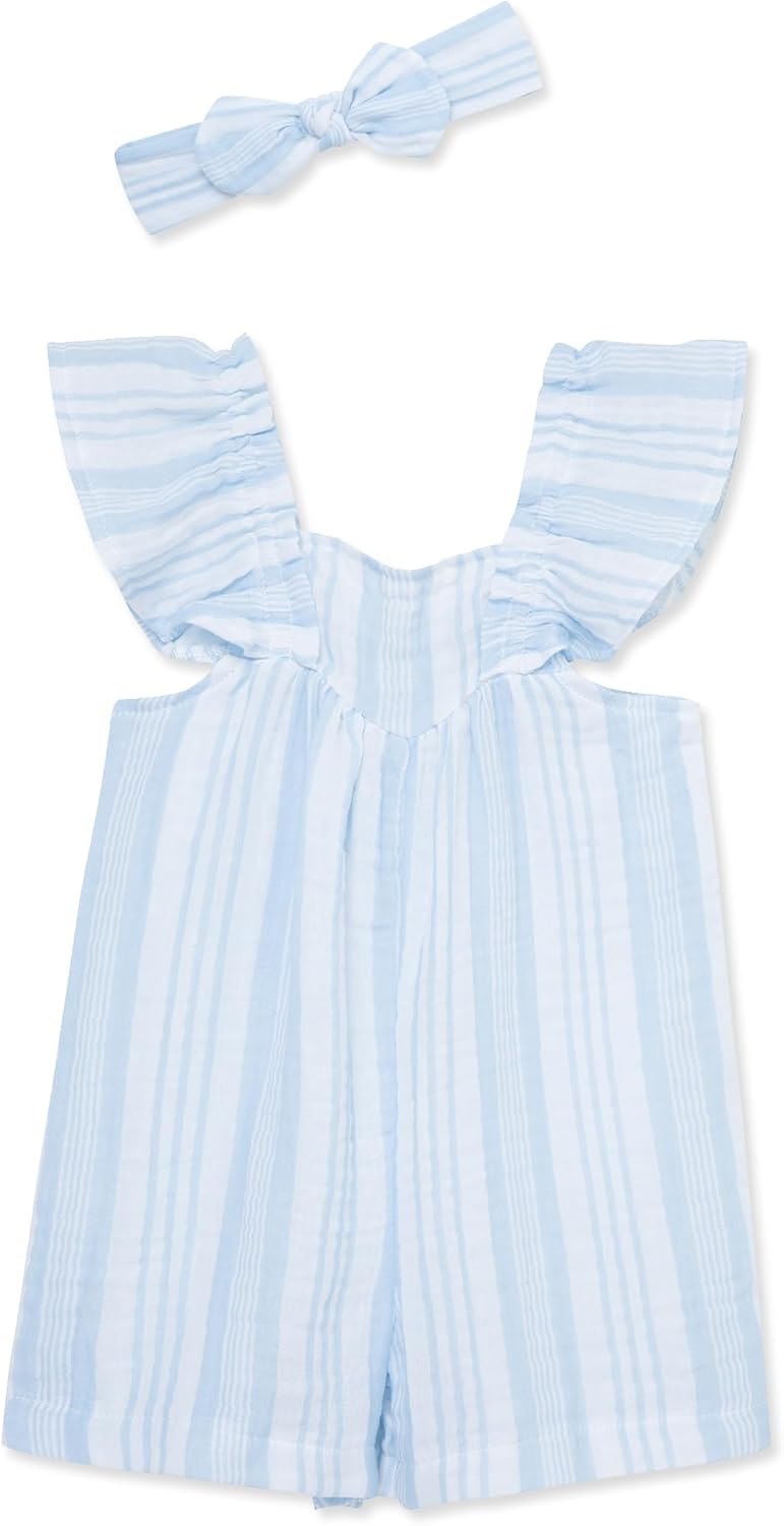 Little Me Clothes for Baby Girls' 100% Cotton Woven Romper and Headband Set, 12 Months to 4 Toddler