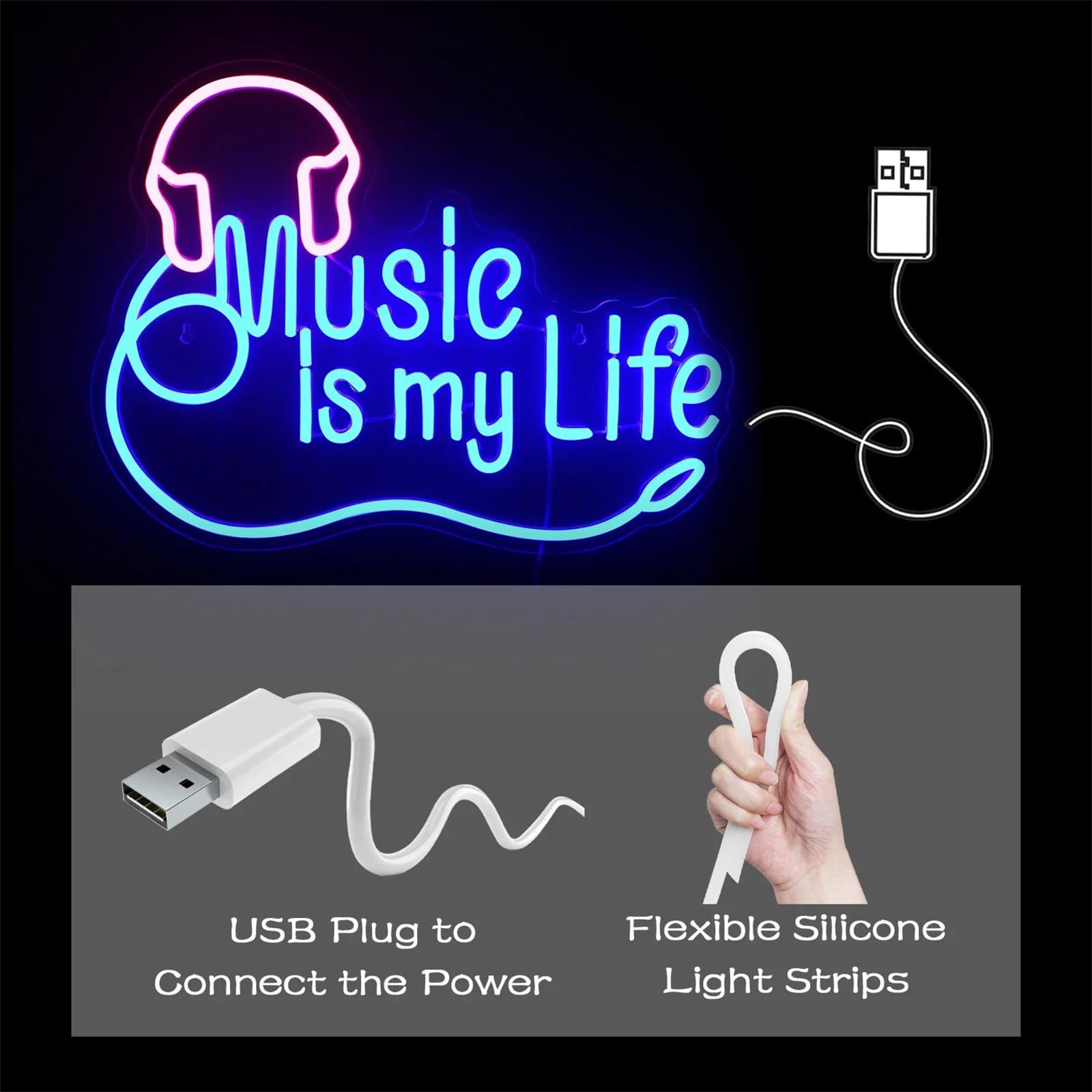 muzyka to moje życie neon led słuchawki neony znaki sypialnia pokój dziecięcy studio muzyczne klub impreza muzyczna muzyka na żywo nocny wystrój usb zasilany neonem