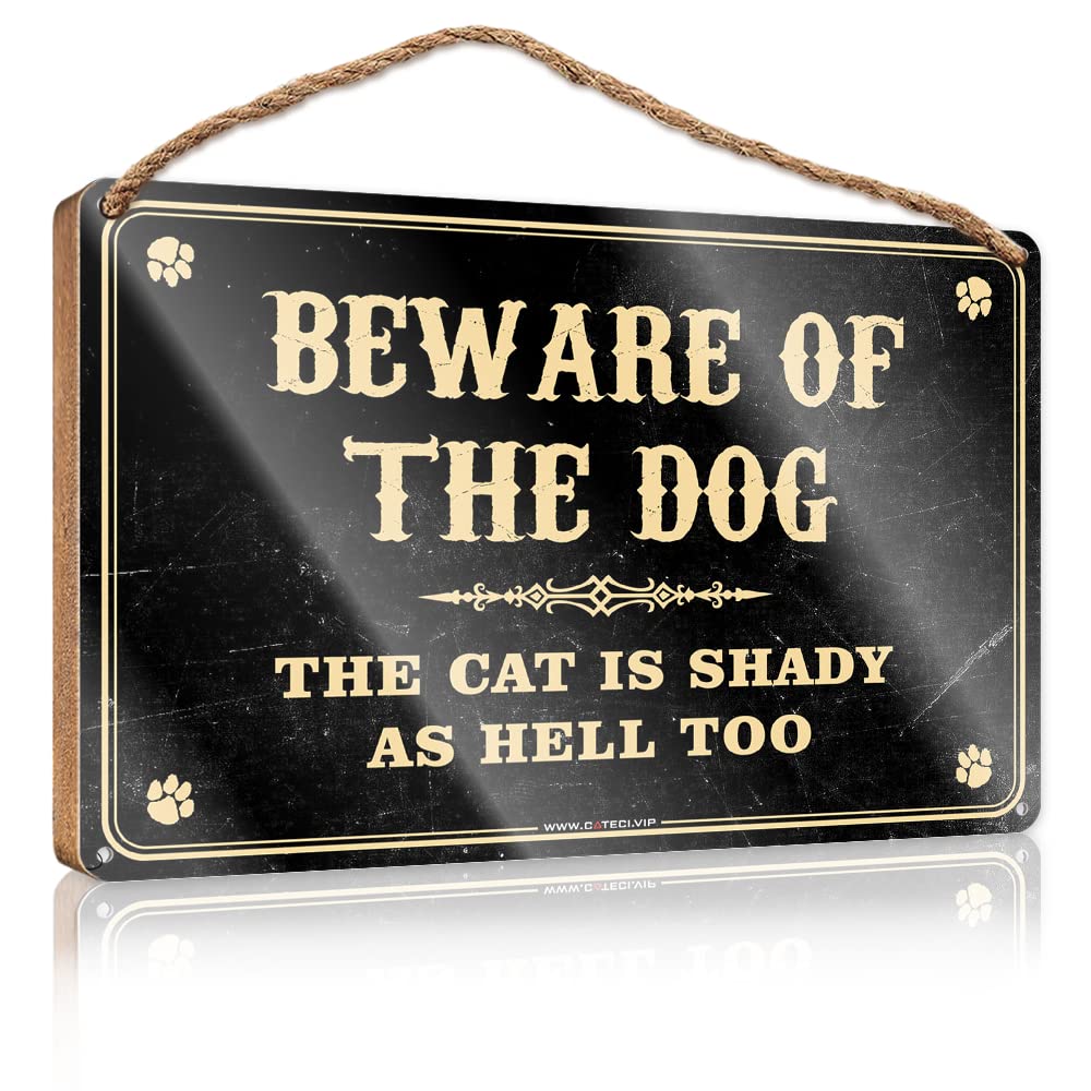 DTHA Farmhouse Bathroom Sign Beware Of Dog The Cat Is Shady As Hell Too Wooden Sign Door Decor House Decor Clearance(23X35CM)