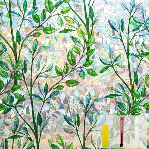 LBOYLOVE Window Film - Self-adhesive Static Film Colorful Opaque Privacy Film Anti-UV Rainbow Optics with Small Grass Motif Decorative Film for Living Room Kitchen Office 44.5x200cm