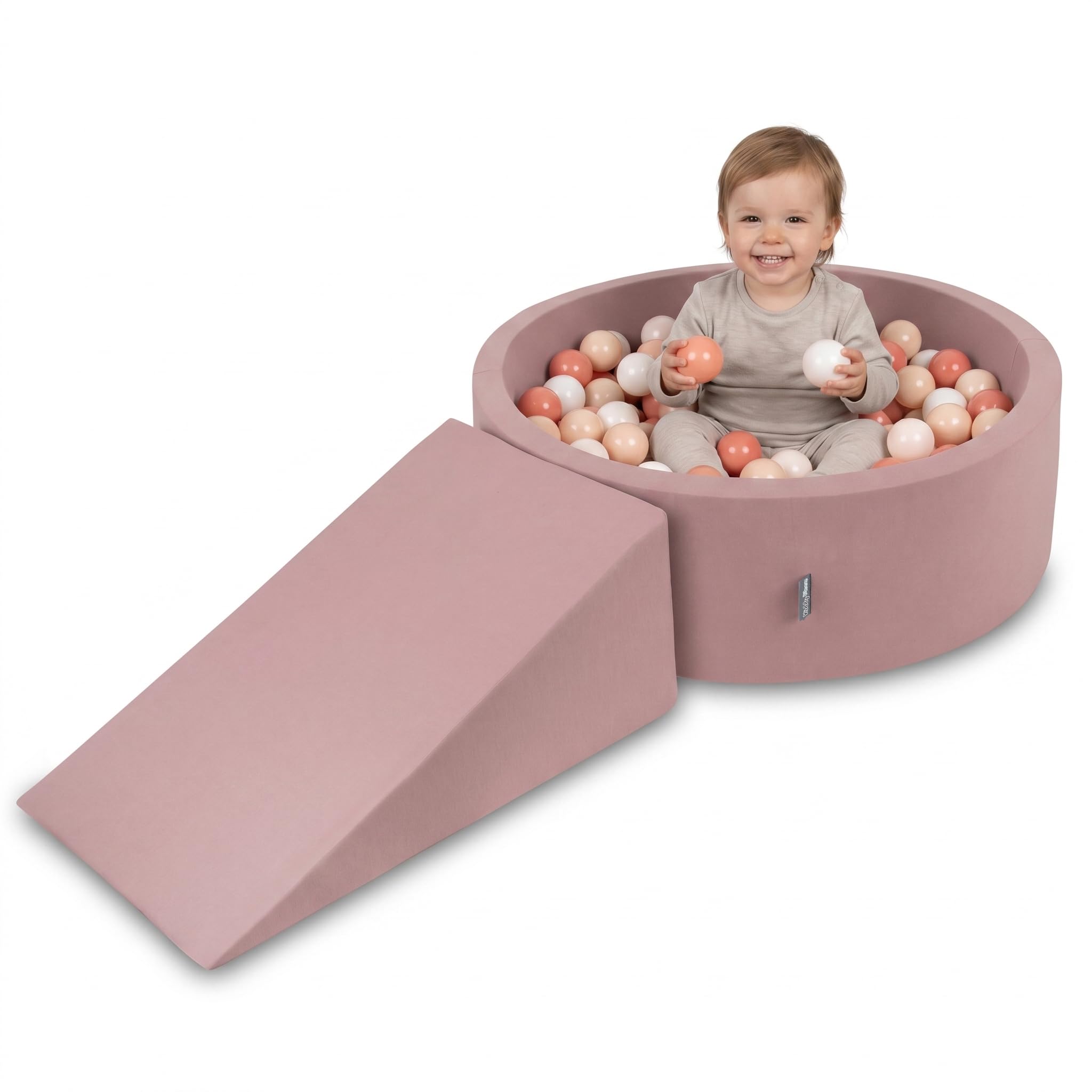 KiddyMoon Soft play set with ballpit 90x30cm and ramp 100 balls 7cm foam playground for babies and toddlers - Heather: Pastel beige Salmon White