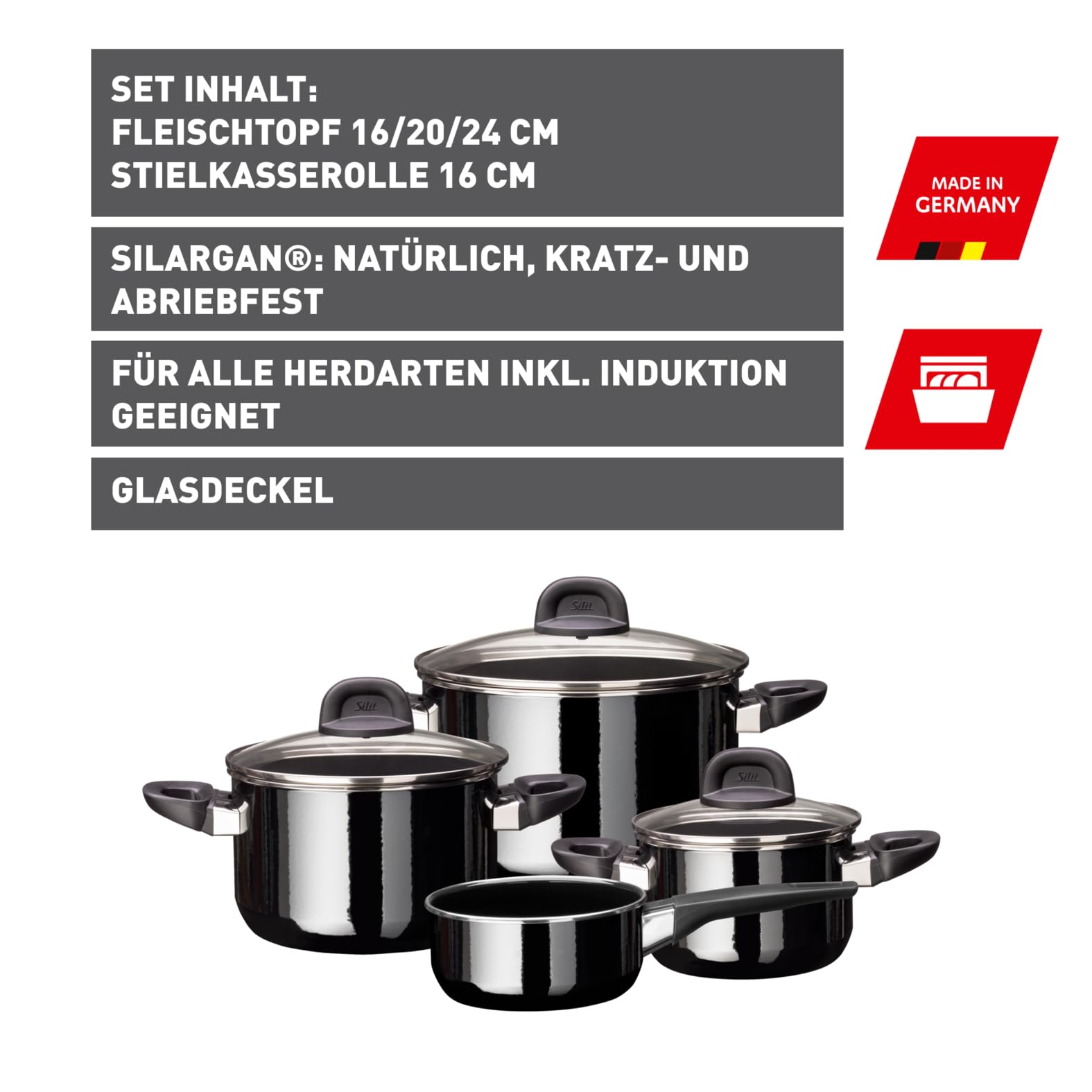Silit Modesto Line Topfset Induktion 4-teilig, Kochtopf Set mit Glasdeckel, Silargan Funktionskeramik, Induktions Töpfe Set nickelfrei, schwarz