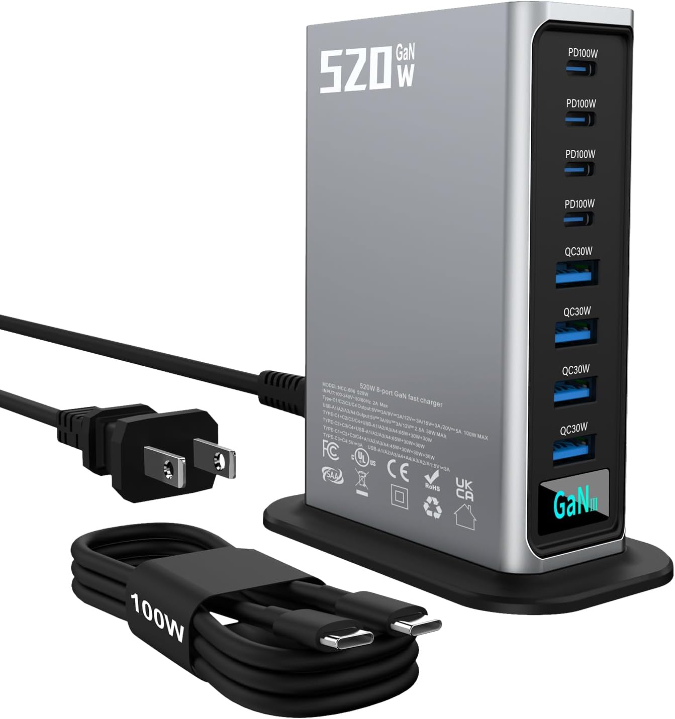 520W USB C Fast Charger Block, PD 3.1 100W 8 Port USB Charging Station, GaN Ⅲ Fast Charging Station for Multiple Devices, Laptop Wall Charger Compatible with iPhone 17/iPad/MacBook etc