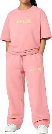 Girls 2 Piece Outfits Graphic Short Sleeve T-Shirt and Straight Leg Baggy Sweatpants Clothing Set